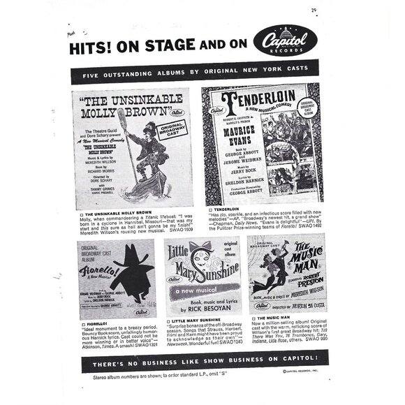 Music Man Molly Brown Original Broadway Cast Album Print Ad 1960s - Picture 1 of 2